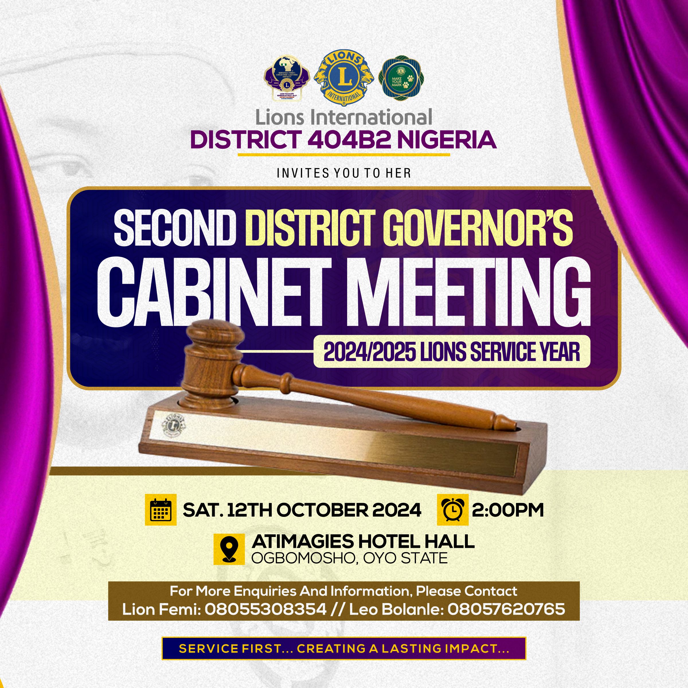 NOTICE OF DISTRICT GOVERNOR’S 2ND CABINET MEETING FOR 2024-2025 LIONS SERVICE YEAR